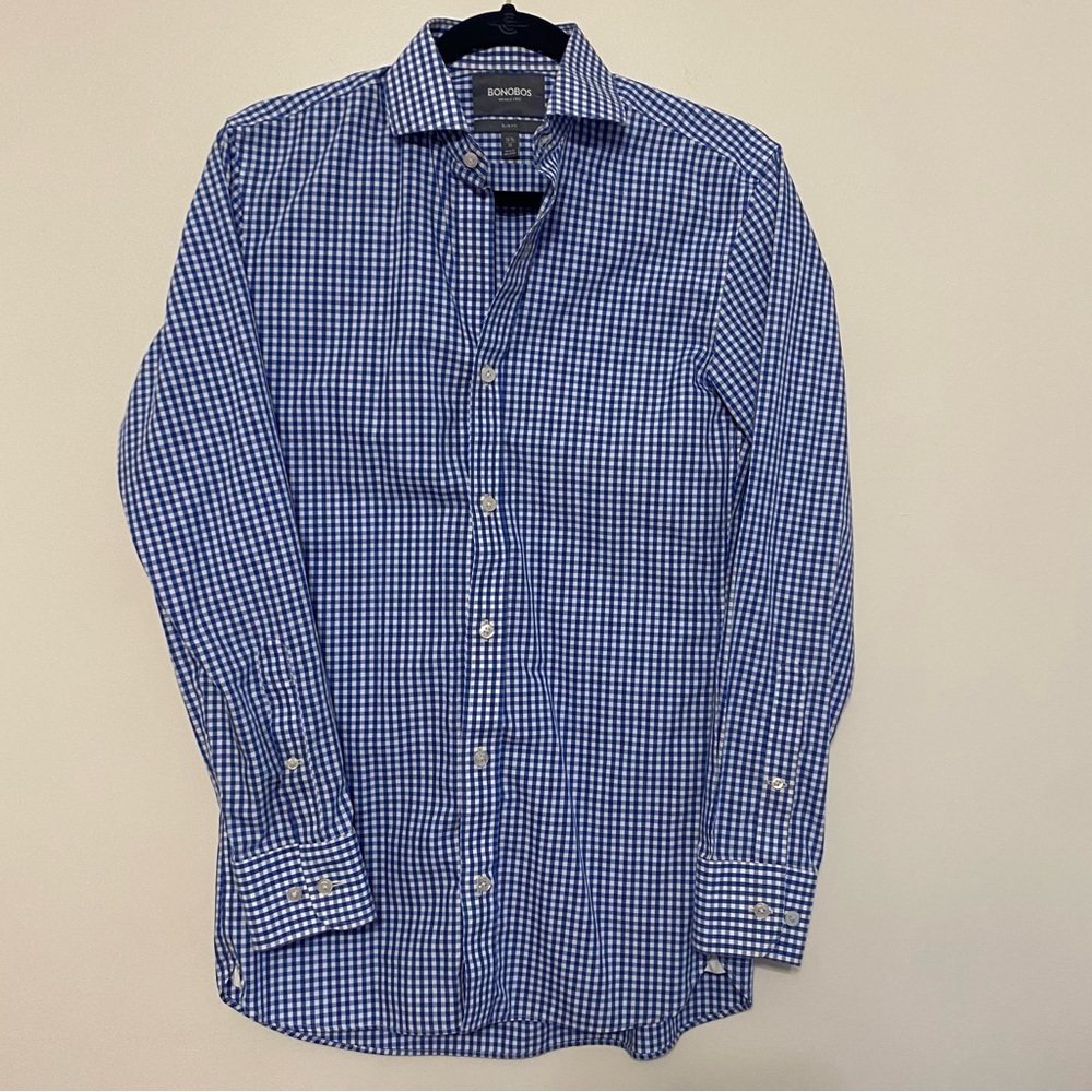 Bonobos Men's Blue Checkered Wrinkle Free Slim Fit Button Down Shirt